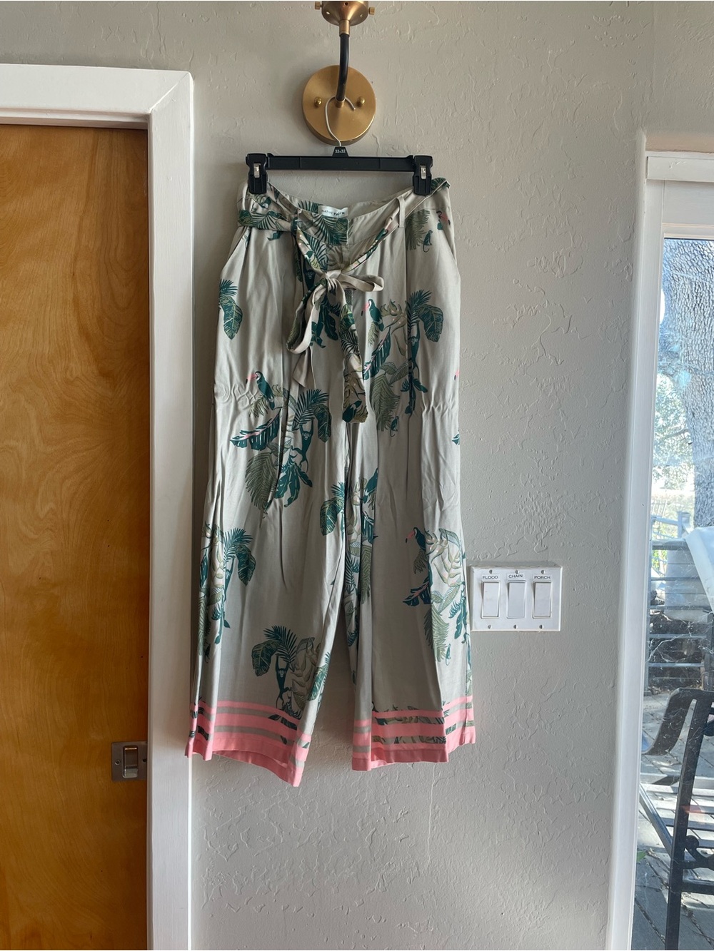 NATIVE YOUTH Floral Wide-Leg Tie-Waist Pants - Sage with Coral Trim